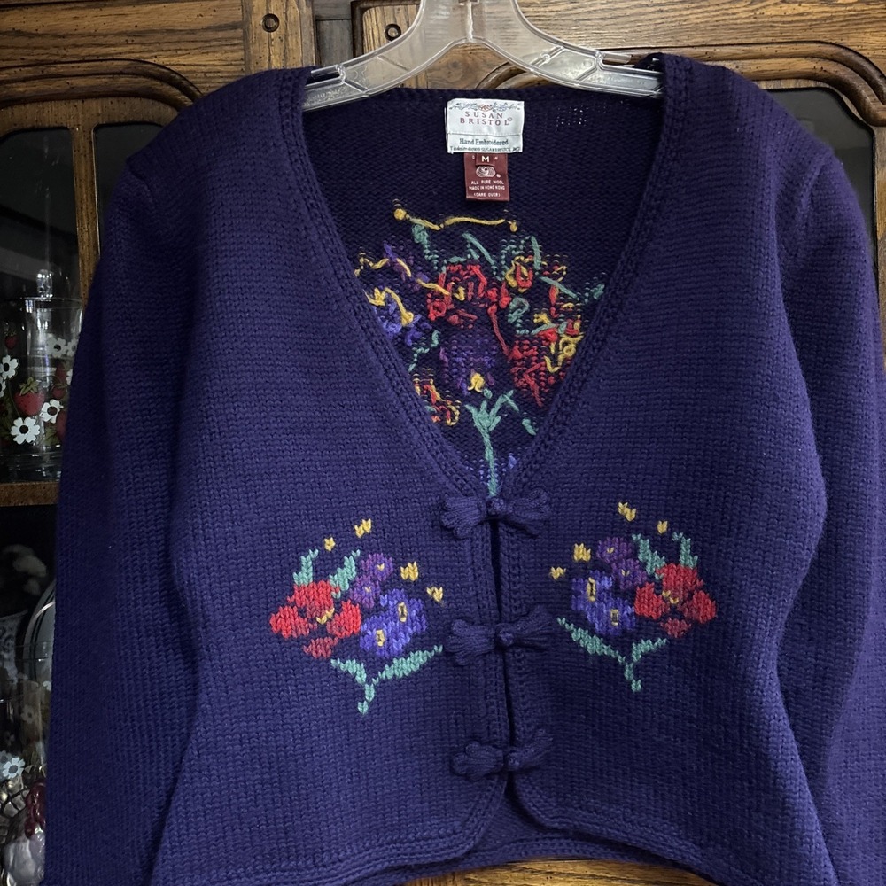 Vintage Susan Bristol 1989 Women's Cardigan Purple Medium Grandma Cottage V Neck